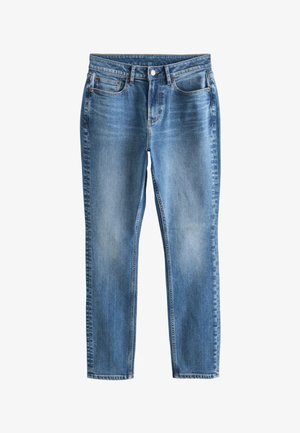 Modre kavbojke iz denima z gumbi in zadrgo spredaj, zasnova s petimi žepi in subtilno izpranim videzom na stegnih in kolenih.