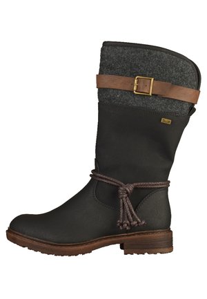 Botte en cuir noir hauteur genoux avec un bord en feutre gris et une sangle marron. Présente un accent en nœud et une semelle marron durable.