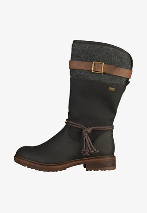 Botte en cuir noir hauteur genoux avec un bord en feutre gris et une sangle marron. Présente un accent en nœud et une semelle marron durable.
