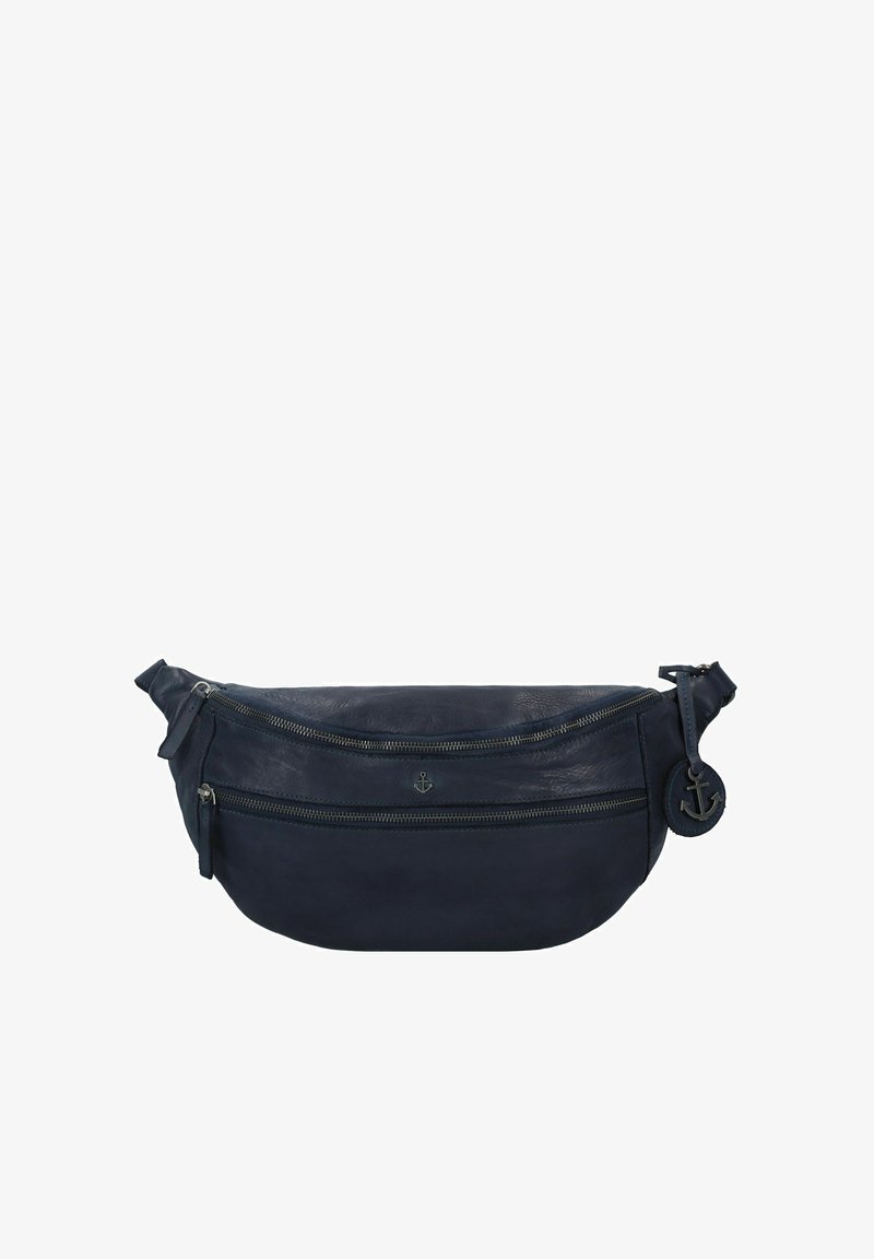 Navy leather bag with a curved shape, two horizontal zippered pockets, and a round anchor charm on the zipper pull. Soft texture.