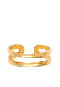 Cuff-Ring in Gold mit einer glatten, polierten Oberfläche, der aus zwei miteinander verflochtenen Bändern mit offenen Enden besteht. Einfaches und minimalistisches Design.