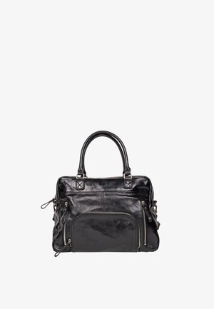 Schwarze Lederhandtasche mit zwei oberen Griffen, externen Reißverschlusstaschen und einer glatten Textur im minimalistischen Design.
