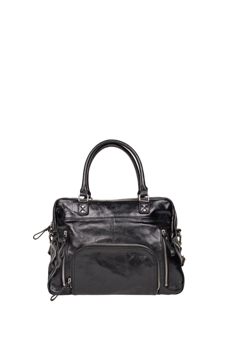 Borsa a mano in pelle nera con doppi manici superiori, tasche esterne con zip e una texture liscia dal design minimalista.
