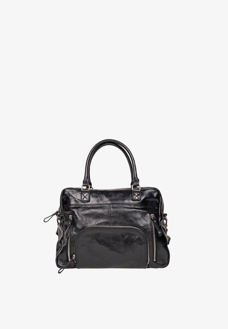 Borsa a mano in pelle nera con doppi manici superiori, tasche esterne con zip e una texture liscia dal design minimalista.