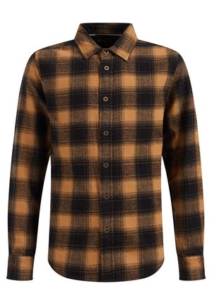 Skjorte i ternet flannel med et mønster i sort og rav, knappet foran, krave og lange ærmer med manchetter. Blød tekstur.