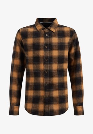 Geruit flanellen overhemd met een zwart-amberkleurig patroon, een knoopsluiting aan de voorkant, kraag en lange mouwen met omslagen. Zachte textuur.