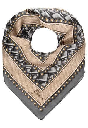 Silketørklæde med beige og grå geometriske mønstre, guldprikker som detaljer og et lille "Guess"-logo i hjørnet.