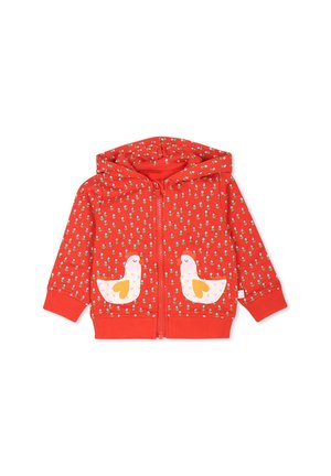 Felpa rossa con zip realizzata in cotone, caratterizzata da un motivo floreale ripetuto e due applicazioni di uccelli bianchi sulle tasche anteriori.