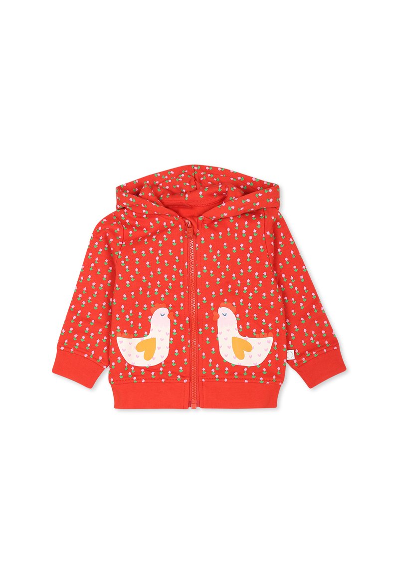 Felpa rossa con zip realizzata in cotone, caratterizzata da un motivo floreale ripetuto e due applicazioni di uccelli bianchi sulle tasche anteriori.