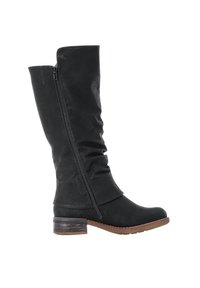 Tall black faux leather boot with a slouched design, side zipper, and a low stacked heel. Features a textured upper and a rubber sole.