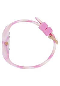 Correa de reloj de silicona en mármol rosa y blanco con caja cuadrada, que presenta un botón dorado y un cierre de hebilla rosa, textura suave.