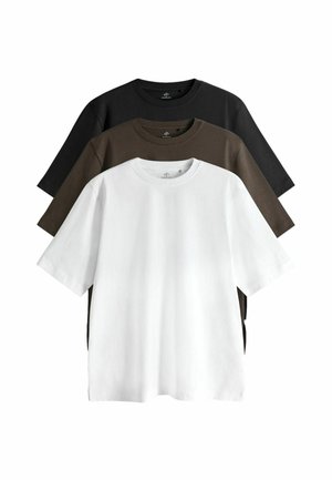 Drei kurzärmelige T-Shirts gestapelt: eines in Weiß, eines in Dunkelbraun, eines in Schwarz. Aus Baumwolle gefertigt und mit einem klassischen Rundhalsausschnitt-Design.