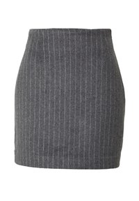 Jupe mini en laine grise avec des rayures blanches verticales, design ajusté, taille haute et texture lisse. Pas de fermetures ou d'embellissements visibles.