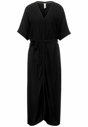 Zwarte midi-jurk met korte mouwen, V-hals, knoopsluiting aan de voorkant en bijpassende stoffen riem gestrikt in de taille.