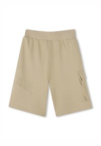 Pantalones cortos beige con un tejido texturizado, que presentan una cintura elástica, un bolsillo cargo lateral y la palabra "YORK" bordada en la parte frontal.