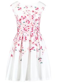 Robe blanche à motif floral en rose et vert, corsage ajusté et jupe fluide. Tissu en coton avec une texture lisse, manches courtes.