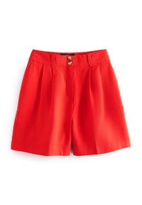 Rode op maat gemaakte shorts met een hoge taille, plooien en twee knopen aan de voorkant. Gemaakt van gladde stof, met een op maat gemaakte zoom en een gestructureerde vorm.