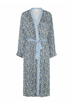 Rochie de baie lungă, ușoară, de culoare albă, cu imprimeu floral albastru. Dispune de un tiv cu model albastru și un cordon asortat. Mâneci lungi și design cu fața deschisă.
