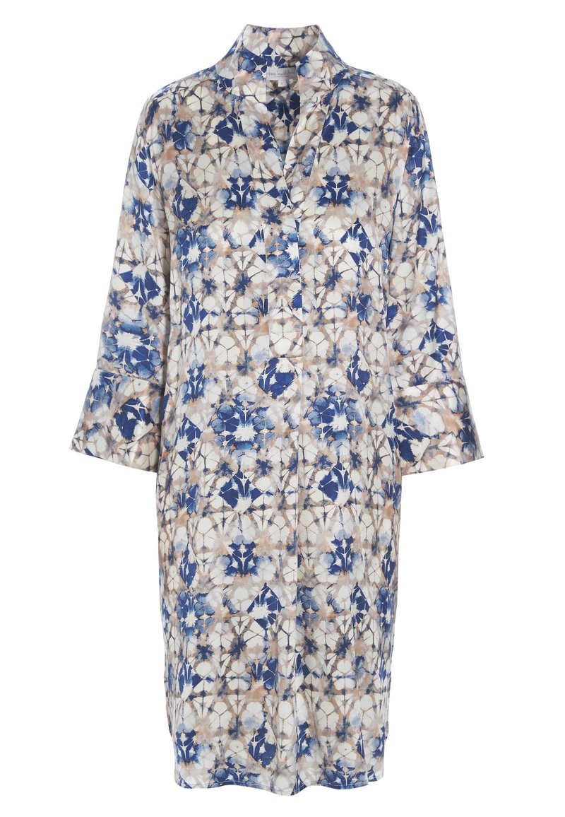 Robe à manches longues jusqu’au genou avec un motif floral abstrait bleu, beige et blanc et un col en V.