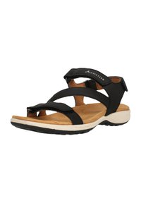 Sorte sandaler med syntetiske remme, åben tå-design, justerbar Velcro-lukning, polstret tan fodseng og hvid gummisål.