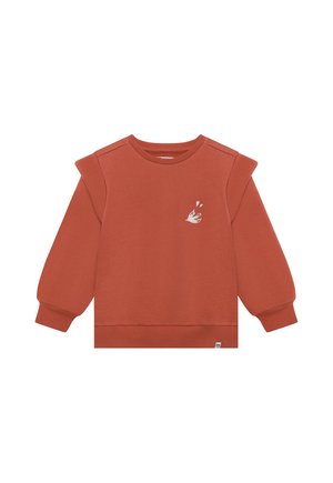 Rustkleurige peutertrui met lange mouwen, ruchedetails op de schouders en een klein wit vogeltje met hartjes op de borst.