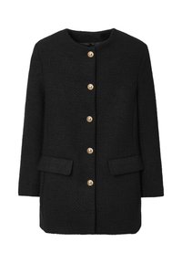 Cappotto nero con texture, presenta un colletto rotondo, chiusura frontale con bottoni dorati e due tasche anteriori. Forma sartoriale con maniche lunghe.