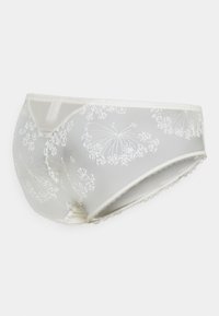 Slip da donna grigio chiaro con ricami floreali bianchi e bordi ondulati. Il materiale sembra liscio con una finitura semi-trasparente.