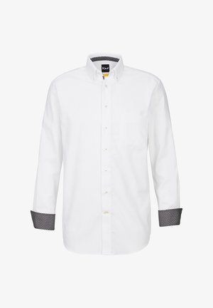 Camicia bianca a maniche lunghe con bottoni, caratterizzata da polsini a contrasto e una tasca sul petto. Realizzata in tessuto morbido con colletto strutturato.