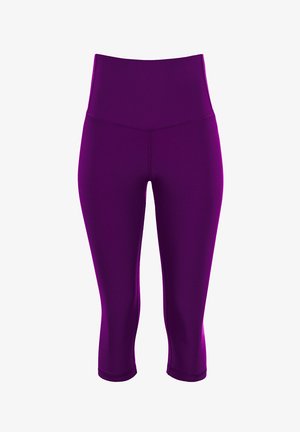 Lila, hochtaillierte Capri-Leggings aus elastischem Material, mit glatter Textur und tailliertem Design ohne sichtbare Nähte.