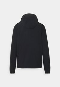 Veste noire à capuche avec manches longues, poignets élastiques et ourlet droit, vue de dos sur un fond clair uni.