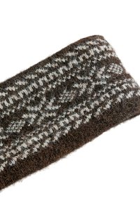 Bandeau en laine tricoté en marron et crème, avec un motif géométrique. Texture douce avec un design épais et chaud.