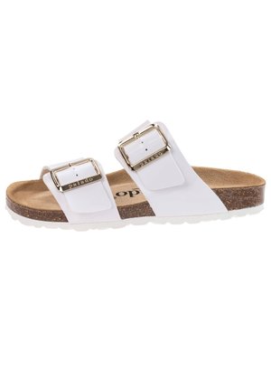 Hvide slip-på-sandaler med to justerbare spænder, korksål, tekstureret gummisål og glat, blankt overmateriale.