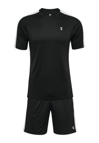 Sort sportswear-sæt med korte ærmer og shorts. Har lysegrå detaljer på skuldrene. Fremstillet i åndbart, letvægtsstof.