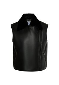 Zwarte leren vest met een bontkraag, voorzien van een ritssluiting en twee zijzakken. Gladde textuur met een getailleerde pasvorm.
