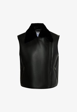 Czarna skórzana kamizelka z futrzanym kołnierzem, z zamkiem błyskawicznym i dwoma bocznymi kieszeniami. Gładka tekstura i dopasowany krój.