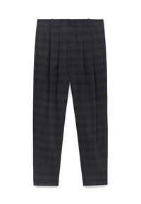 Donkergrijze, op maat gemaakte broeken van een gestructureerde stof, met voorplooien, rechte benen en een subtiel ruitpatroon.