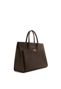 Brown leather tote bag featuring a structured design, dual top handles, and a front zippered pocket with gold hardware accents.
