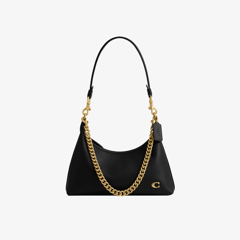 Sac à main en cuir noir avec chaîne dorée et ferrures, doté d'une poignée supérieure incurvée et d'un petit logo dans l'angle inférieur.