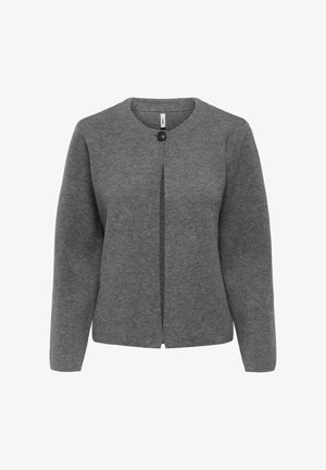 Cardigan en tricot gris à manches longues avec encolure ronde, fermeture par un seul bouton noir en haut, et ourlet droit.