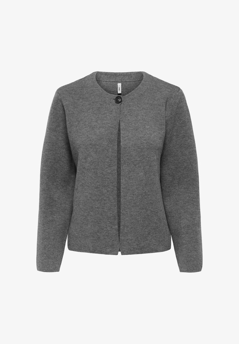 Cardigan grigio a maniche lunghe in maglia con scollo rotondo, chiusura con un solo bottone nero in alto e orlo dritto.