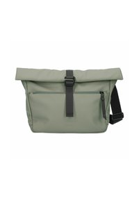 Borsa messenger a roll top verde grigio con hardware nero, tracolla regolabile, tasca frontale con zip e tessuto liscio e impermeabile.