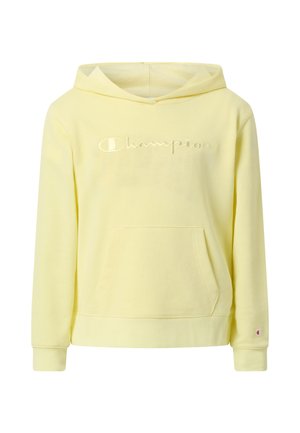 Gelber Baumwoll-Hoodie mit einer vorderen Kängurutasche, gerippten Bündchen und einem geprägten "Champion"-Logo auf der Brust. Weiche Textur.