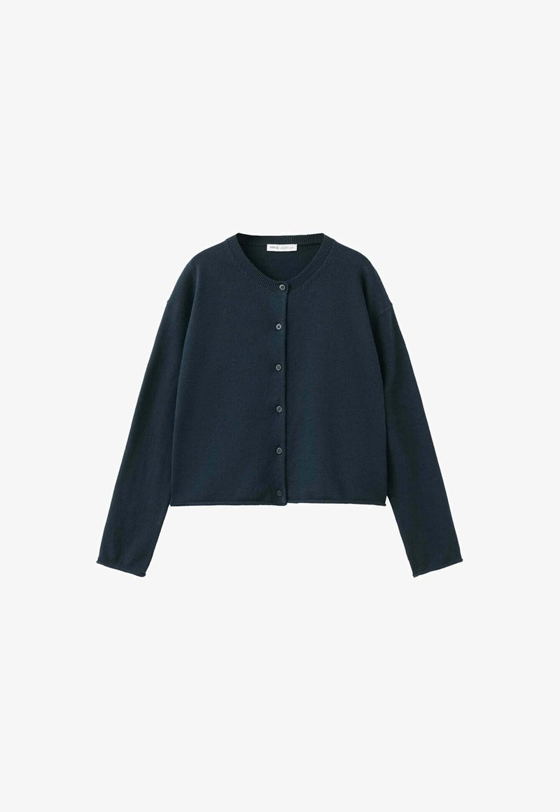Cardigan bleu marine foncé à manches longues avec boutons, encolure ronde et col côtelé, présenté sur fond blanc.