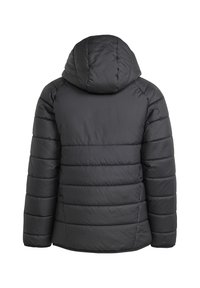 Svarte dunjakke med hette, som har en quiltet design og en glatt tekstur. Baksiden har horisontale sømmer og en avrundet kant.