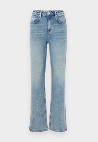 Ljust tvättade blå denimjeans med hög midja, frontknapp och dragkedja, samt lätt utsvängning vid fållarna.