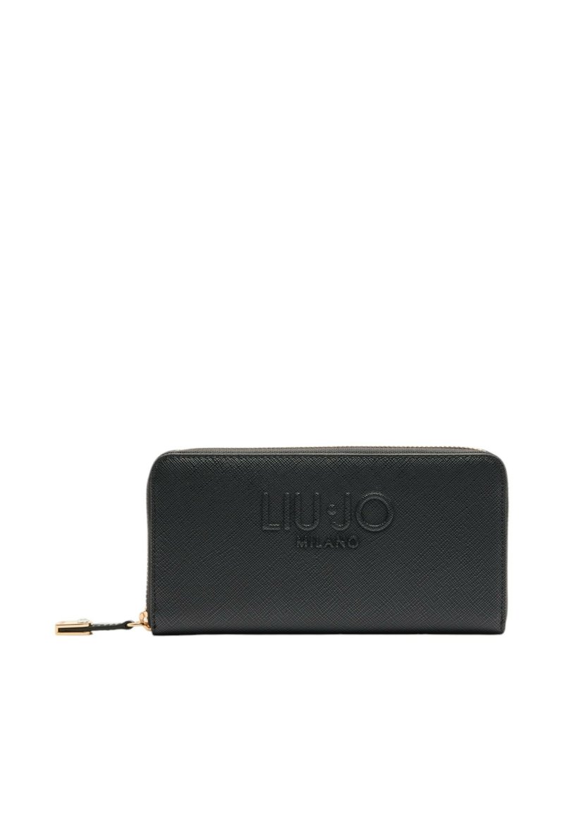 Portafoglio nero con texture, dotato di logo in rilievo "LIU.JO MILANO", chiusura con zip e dettagli in metallo dorato. Forma rettangolare e design elegante.