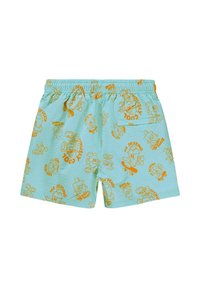 Pantalones cortos de descanso azul claro con cintura elástica, estampados decorativos de dibujos animados naranjas y un bolsillo trasero. Textura de malla visible.