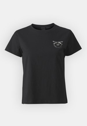 T-shirt in cotone nero con maniche corte, scollatura rotonda e una piccola decorazione di borchie a forma di logo sul lato sinistro del petto.