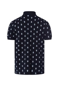 Navyblaues Poloshirt mit wiederholtem hellblauen Blumenmuster, kurzen Ärmeln und klassischem Kragen aus einem weichen, strukturierten Stoff.