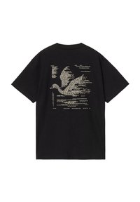 Czarna bawełniana koszulka z krótkimi rękawami. Na plecach duża grafika ptaka wykonana z tekstu w beżowym kolorze, na jednolitym tle.